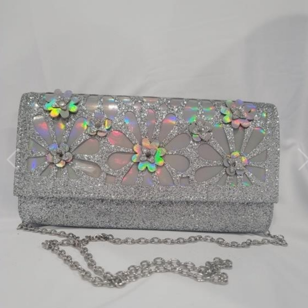 New Silver Flower Glitter Clutch